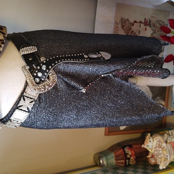 Atlas Accessories - BLACK LEATHER SILVER and CRYSTAL EMBELLISHED BELT 36"
